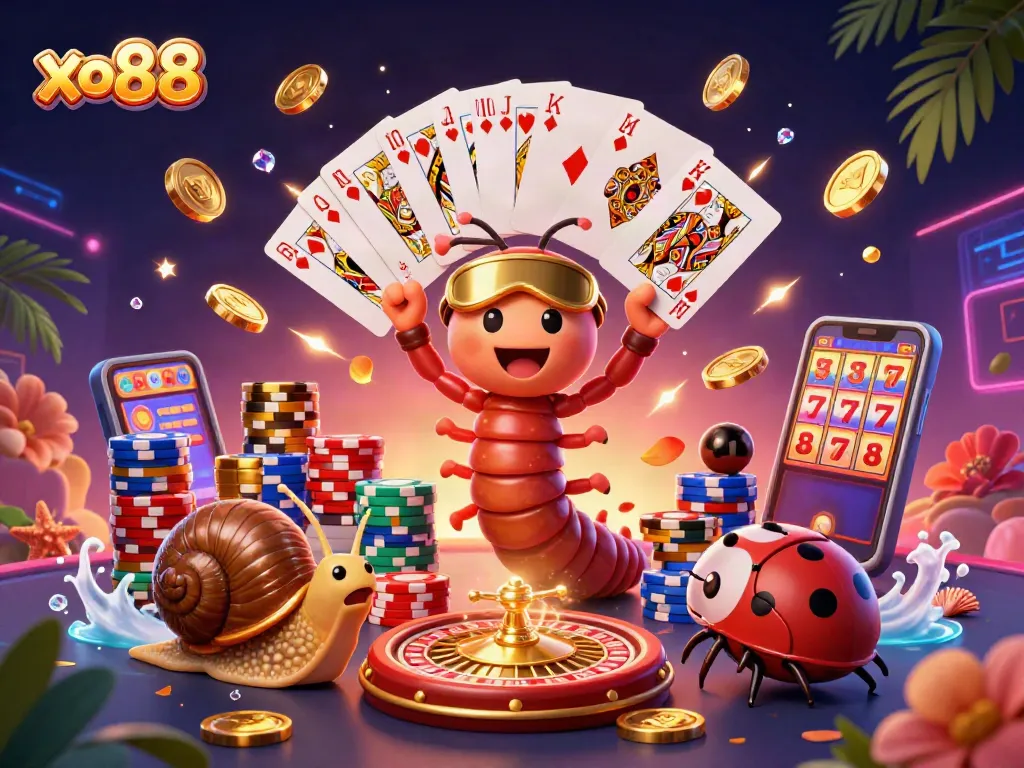 Win big with xo88 at this vibrant casino scene featuring a lively millipede dealer and more!