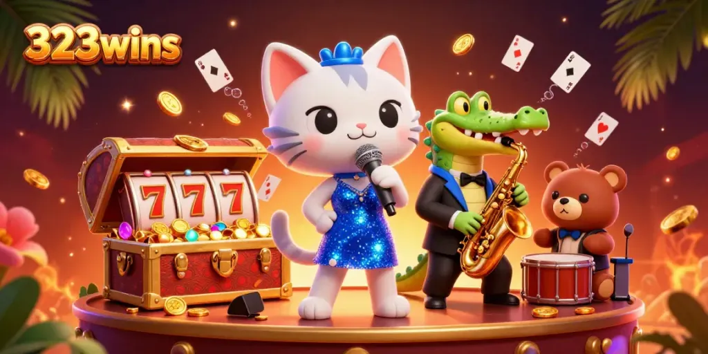 Engage with 323wins at a vibrant casino scene featuring lively characters and dynamic elements.