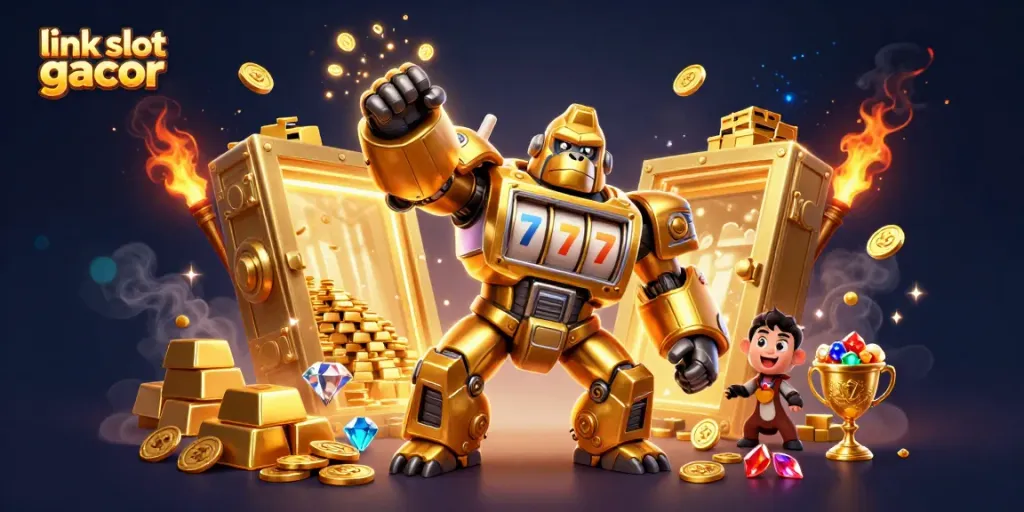Experience thrilling wins at link slot gacor with a vibrant 3D gorilla mech and exploding coins!