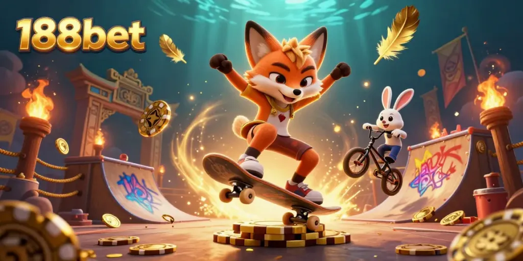 Experience thrilling action with 188bet as a skateboarder fox and BMX rabbit perform tricks amidst captivating casino themes.