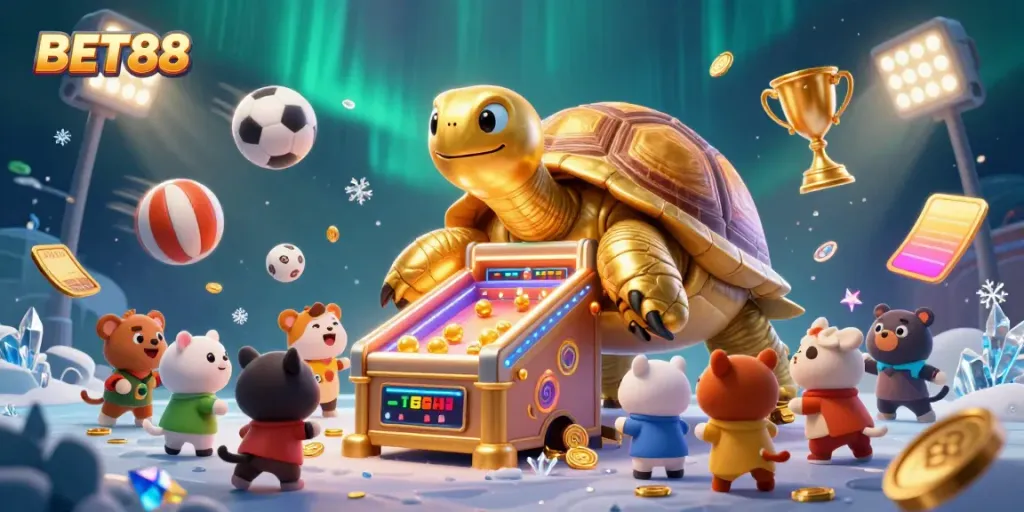 BET88 giới thiệu một trò chơi độc đáo với rùa vàng và những trái bóng thể thao đầy màu sắc.