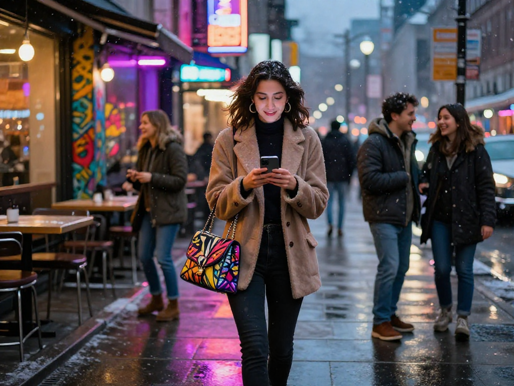 Gái gọi trong không gian thành phố sôi động, phản chiếu ánh đèn neon và tương tác với bạn bè.