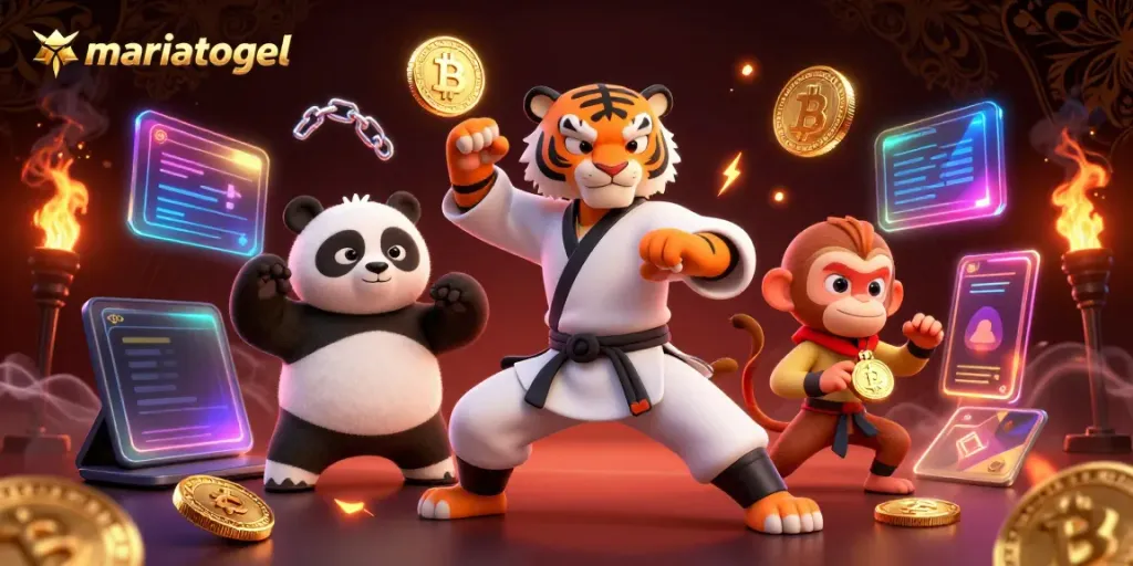 Experience the thrill of mariatogel with vibrant casino characters and glowing crypto elements.