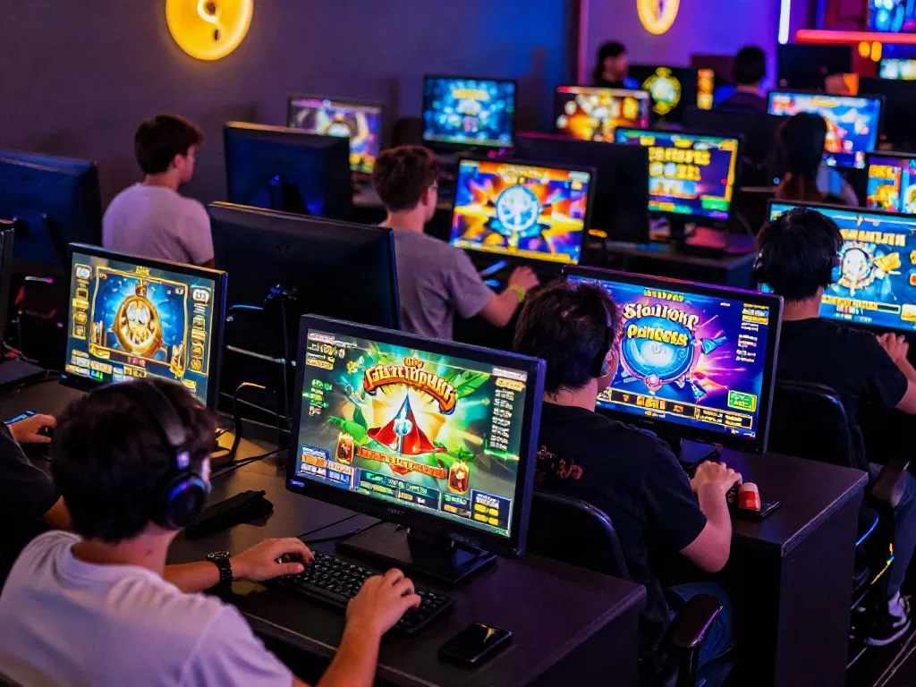 Exciting scene of players immersed in qqmacan slot games, showcasing high-speed gameplay and vibrant animations.