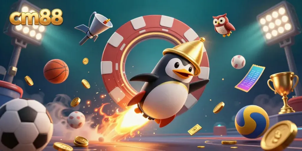 Experience excitement with cm88 as a golden penguin rockets towards a casino chip in space.