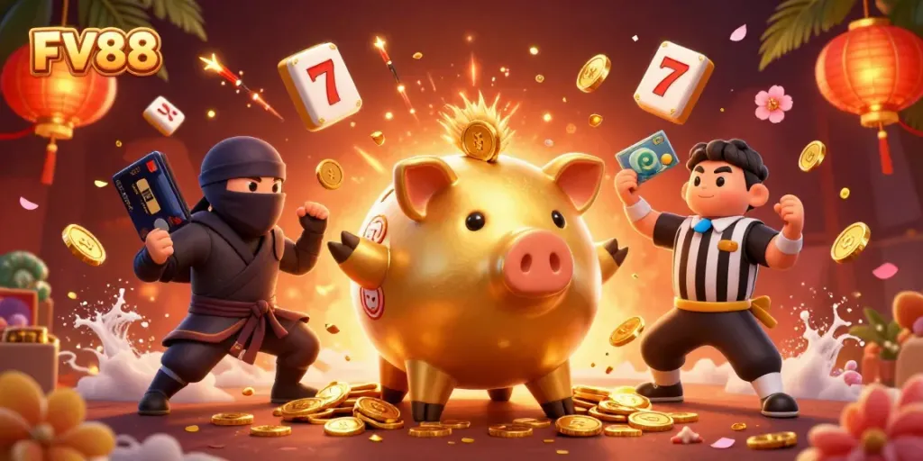 Experience thrilling wins in FV88 with a dynamic casino showdown featuring a golden piggy bank sumo wrestler and epic game elements.