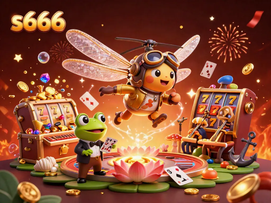 Experience the fun at s666 with a dragonfly pilot and frog croupier in a vivid casino scene.