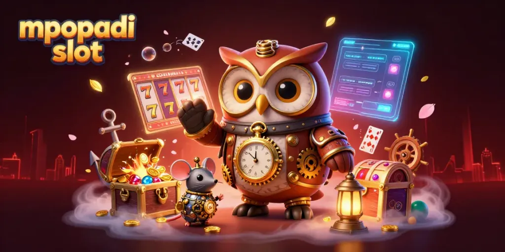 Experience the vibrant action of mpopadi slot with colorful reels and golden treasures in a dynamic 3D illustration.
