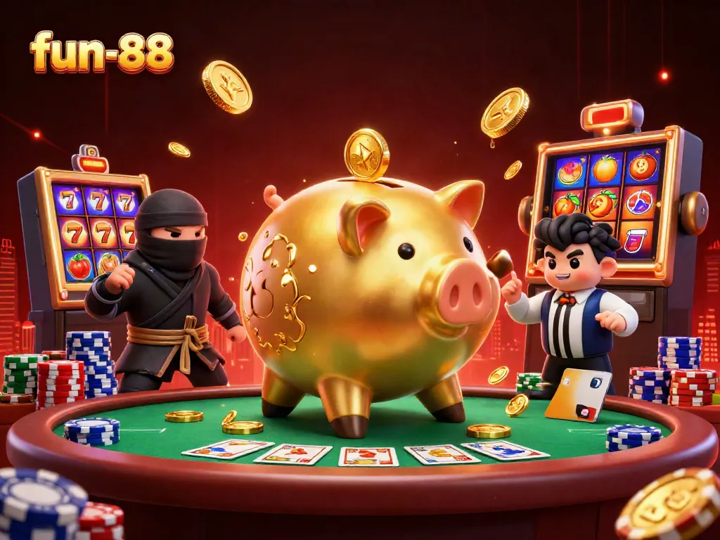 Experience the fun-88 casino excitement with a sumo wrestler, wallet ninja, and vibrant slot games.