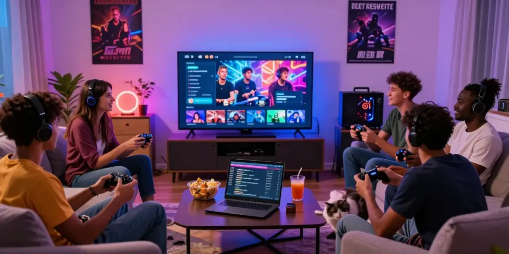 Gamers interacting with streaming content on rbtv.io during a lively charity event.