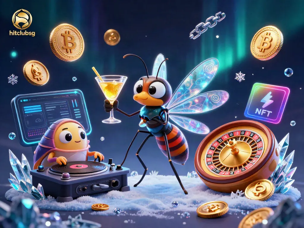 Experience the vibrant hitclubsg scene with a frozen mosquito mascot, a trilobite DJ, and a golden roulette wheel.