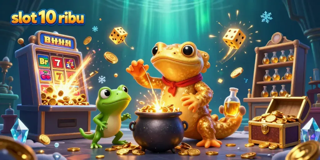Experience slot 10 ribu excitement with a golden alchemist, jackpot machine, and lively casino elements.