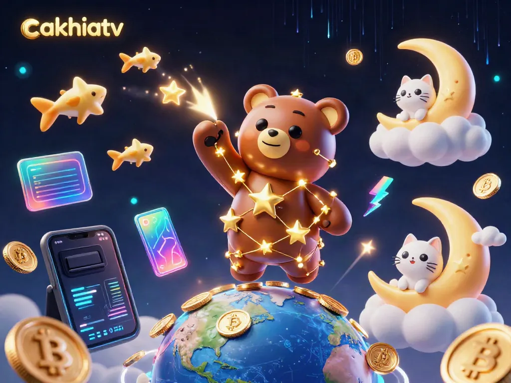 Cakhiatv features a cosmic bear collecting glowing coins, embodying the spirit of online gambling fun.