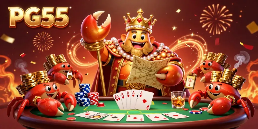 Engage with PG55 as a vibrant golden crab emperor leads a lively poker game scene filled with chips and prizes.