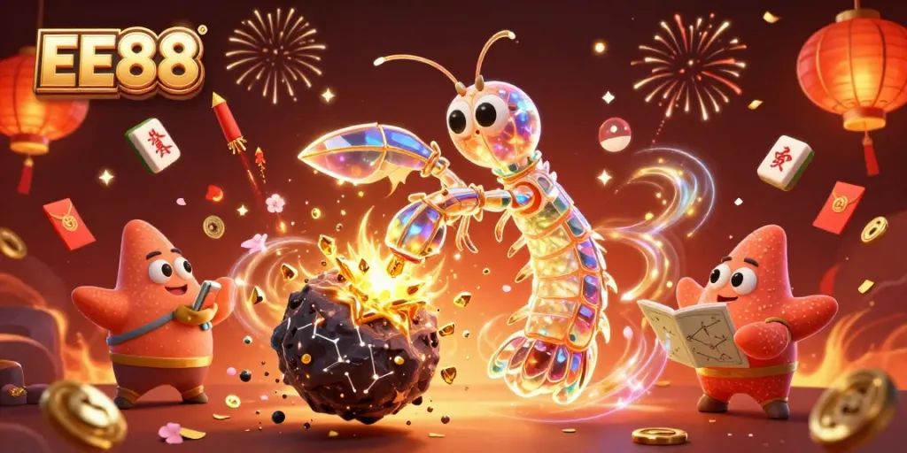 Experience the excitement of EE88 with a vibrant, action-packed scene featuring a galactic samurai, fortune symbols, and confetti.