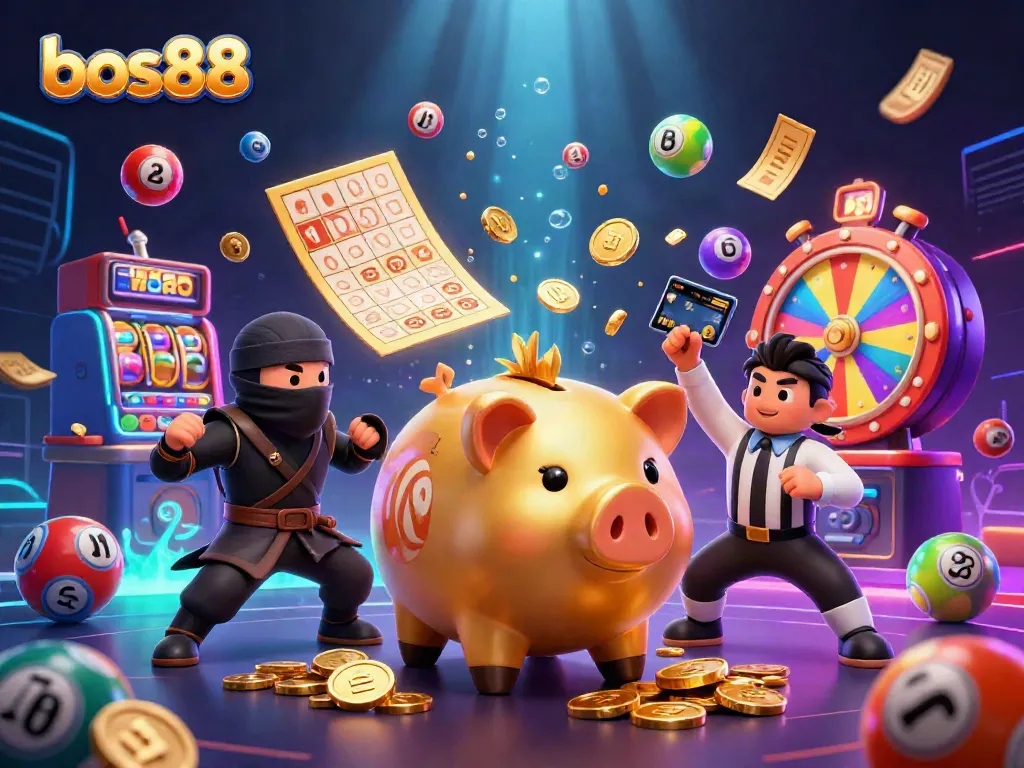 Experience the thrilling casino world with bos88, featuring a cartoon golden piggy bank sumo wrestler, dynamic game elements, and dazzling effects.