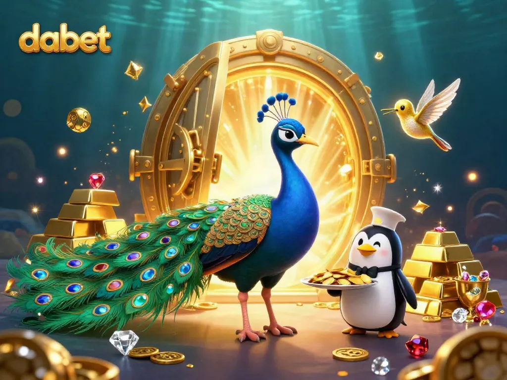 Experience the vibrant wealth at dabet's online casino with a dazzling peacock and golden treasures.
