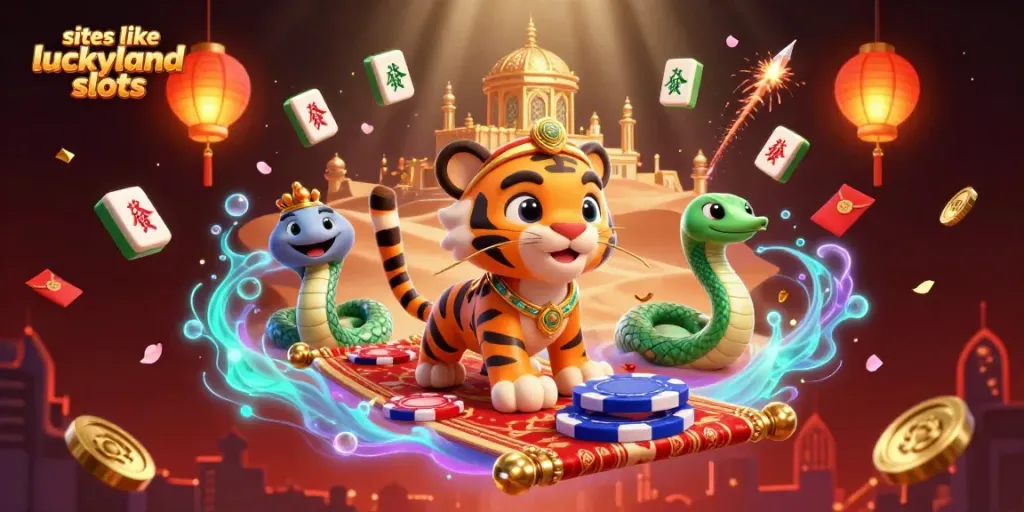 Spin and win with sites like luckyland slots featuring vibrant 3D casino-themed illustration.