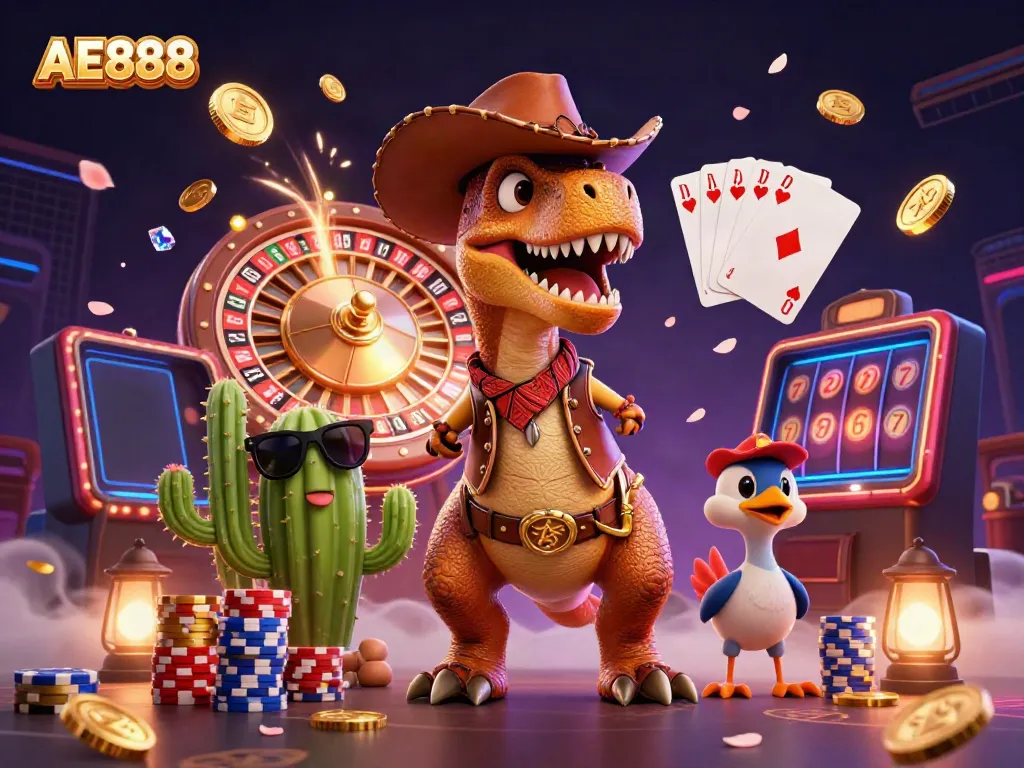 Experience the thrill of AE888 with a dynamic casino scene featuring vibrant characters and game elements.