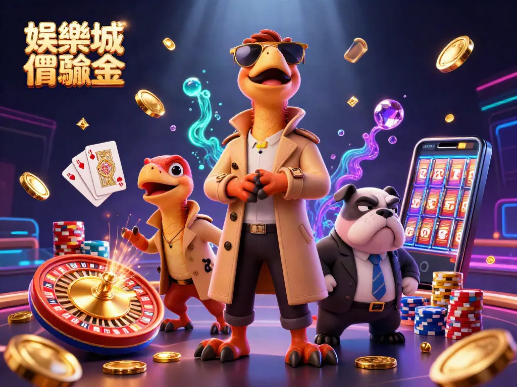 娛樂城體驗金展示三隻恐龍穿著長風衣試圖模擬成高個子，背景是閃亮的排隊和堵塞的場景。