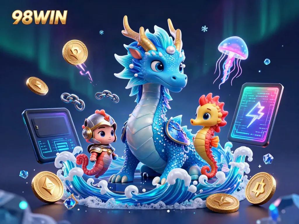 Experience the thrill of 98WIN with animated underwater characters in a vibrant casino-themed illustration.