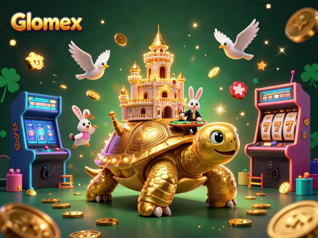 Engage with Glomex's vibrant casino scene featuring a golden tortoise and a rabbit dealer.