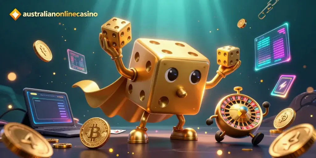 Experience thrilling action with the australianonlinecasino as a golden dice golem juggles winnings surrounded by crypto elements.