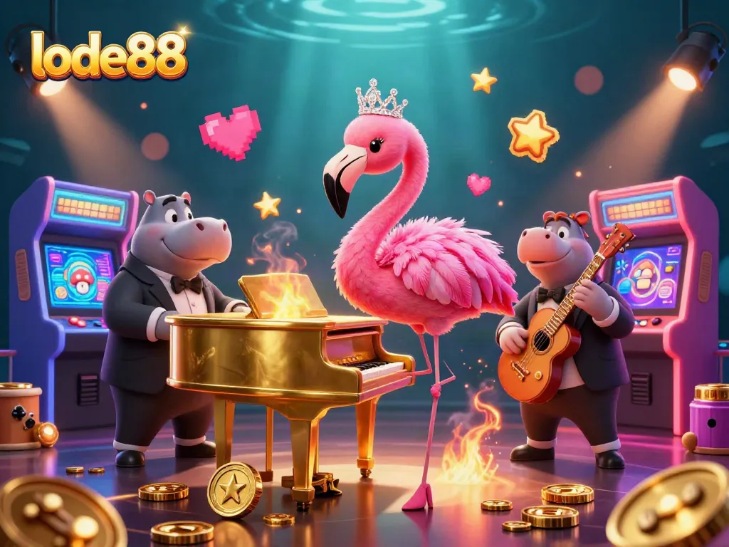 Engage in thrilling lode88 casino games with a vibrant illustration of a flamingo singer and hippo bassist.