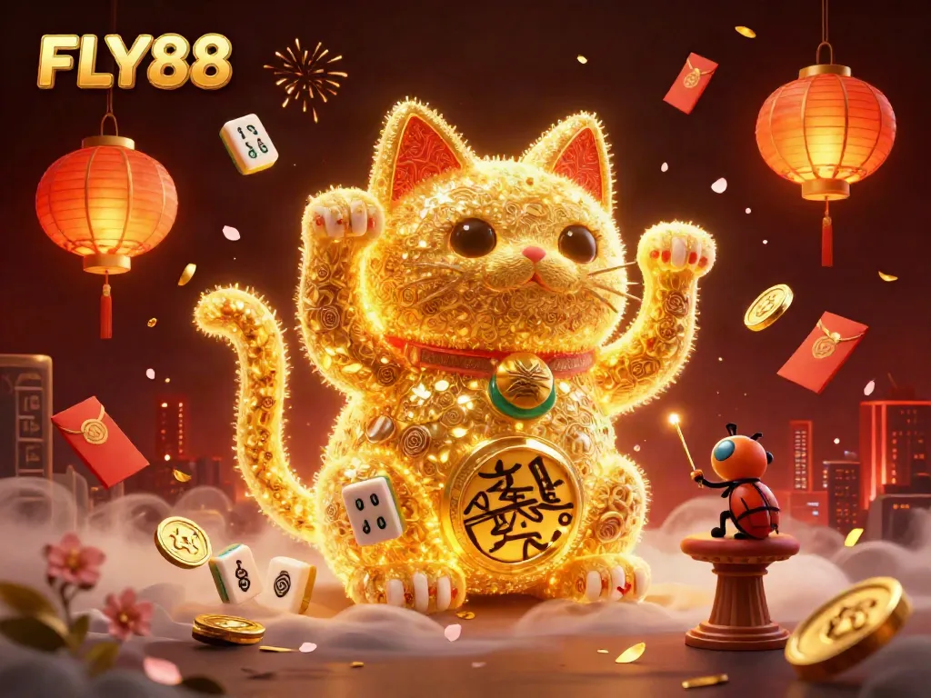 Experience the vibrant energy of FLY88 with a digital lucky cat and festive casino symbols.