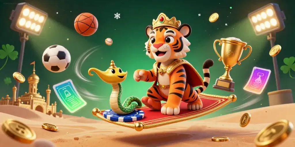 Experience trusted betting sites Asia through a vibrant 3D casino scene with sports elements and characters.