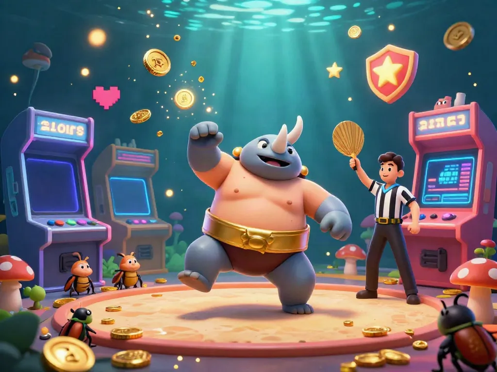 Experience thrilling gameplay at llwin with a vibrant 3D cartoon scene showcasing a rhinoceros beetle sumo champion in action.