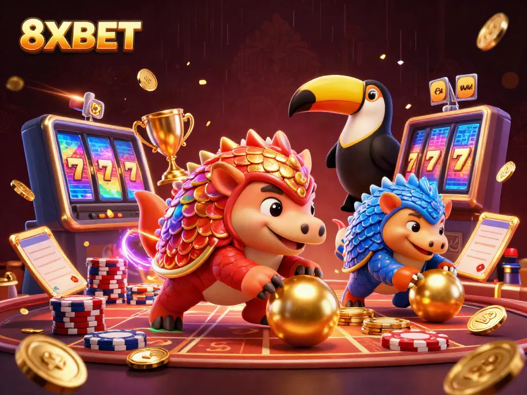 Engage in thrilling slot action at 8XBET with colorful pangolins rolling jackpot balls amidst gold coins.