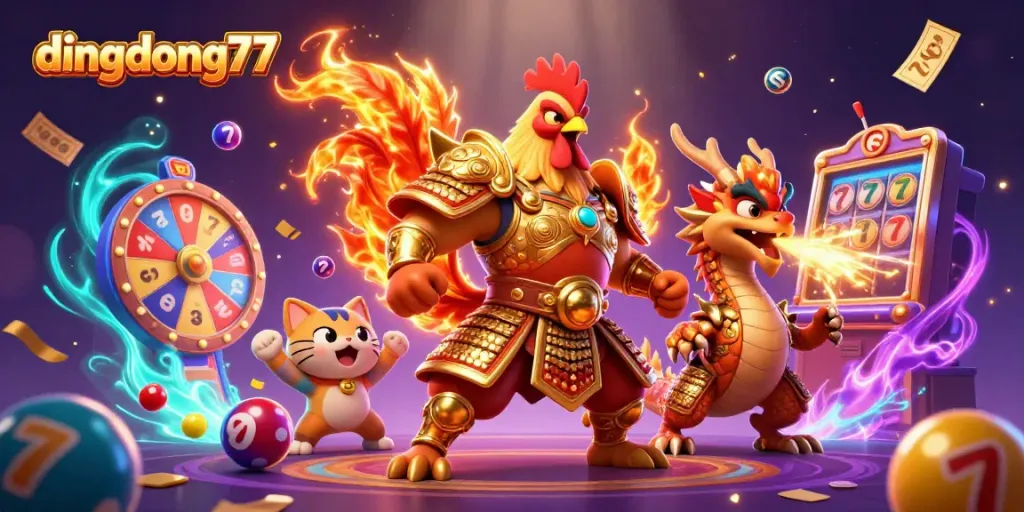 Engage with dingdong77's vibrant gambling atmosphere featuring cartoon warriors, colorful lottery elements, and dynamic slot graphics.