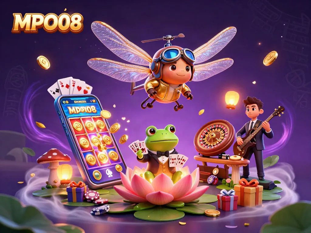 MPO08 showcases a vibrant casino scene with a dragonfly pilot and frog dealer amidst festive game elements.