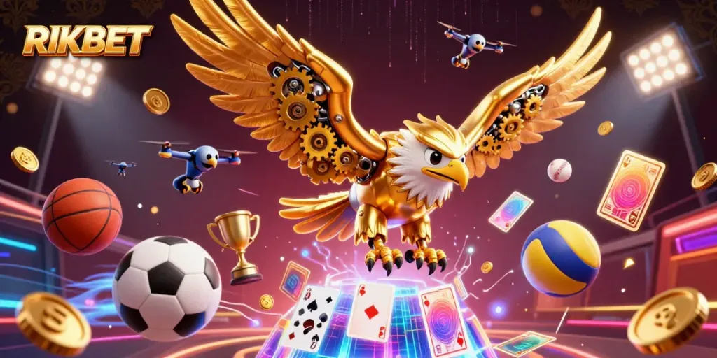 RIKBET features a vibrant 3D scene with a golden eagle and dynamic sports elements, showcasing exciting online betting.