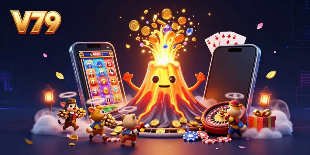 Experience thrilling gaming action at V79 with a vibrant scene of a golden volcano, treasure, and casino elements.