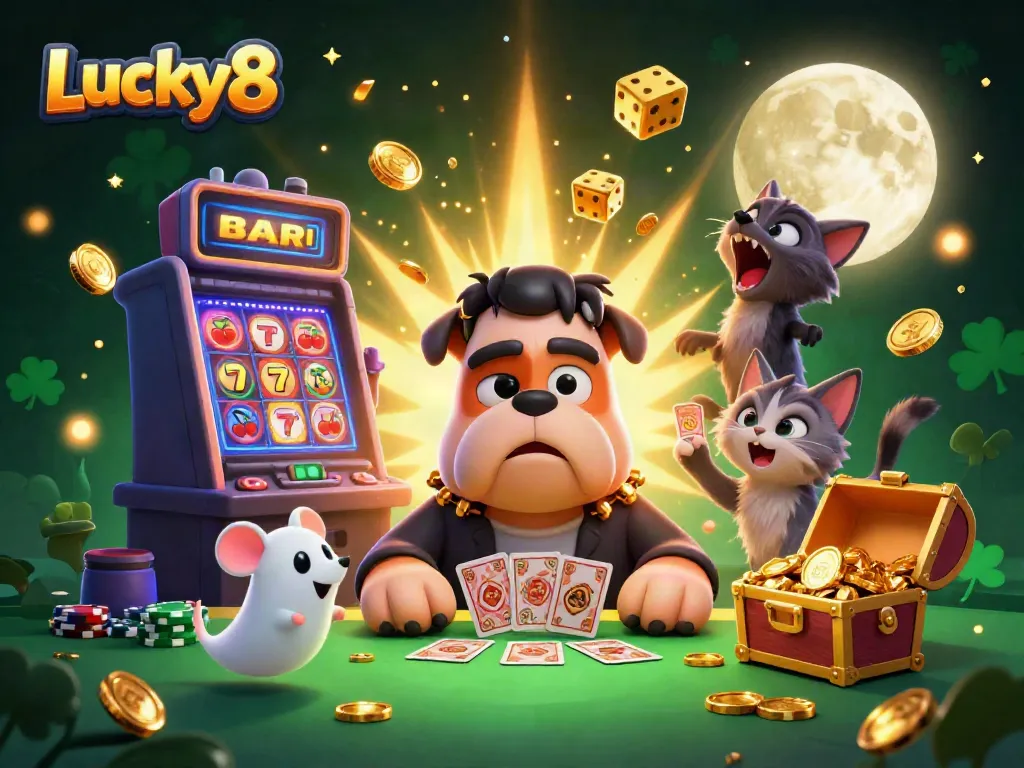 Experience the thrill of winning at Lucky8 with a vibrant 3D casino scene featuring whimsical characters and jackpot explosions.