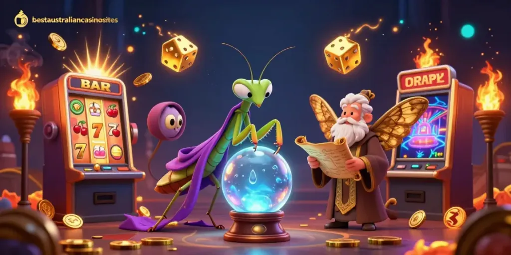 Experience the captivating world of bestaustraliancasinosites with a mystical 3D scene featuring fortune tellers and slot machines.