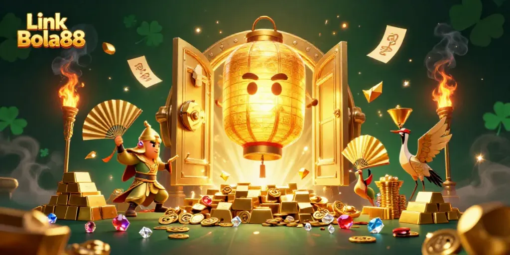 Engage with Link Bola88 in a vibrant 3D casino atmosphere filled with golden treasures and dynamic characters.