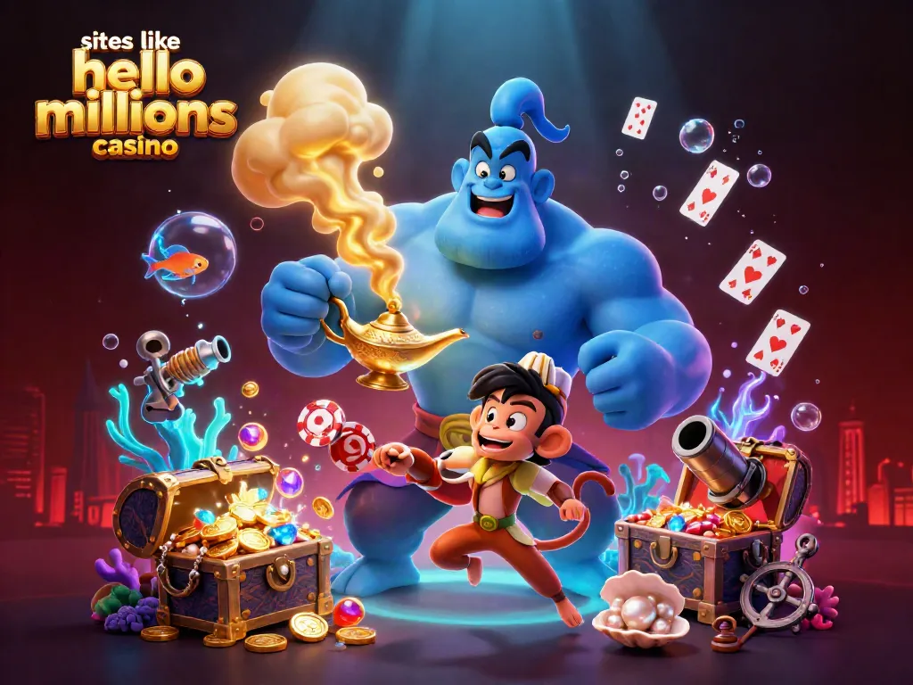 Experience excitement with sites like hello millions casino featuring a genie, monkey, and poker chips in a vibrant casino scene.