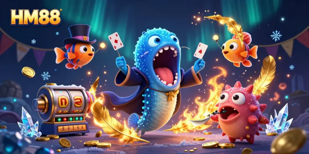 Experience the excitement of HM88 with a colorful 3D illustration featuring card tricks and casino elements.