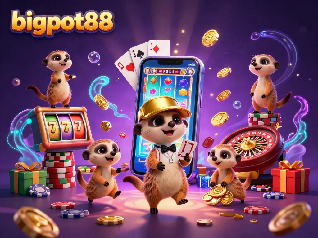 bigpot88 menangkan jackpot dari kasino dengan koloni meerkat beraksi, penuh slot dan koin emas.