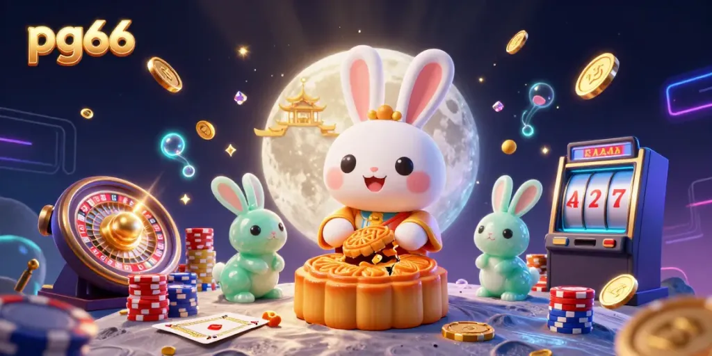 Join the fun at pg66 with a moon rabbit pounding mooncakes, revealing poker chips amid a vibrant casino atmosphere.