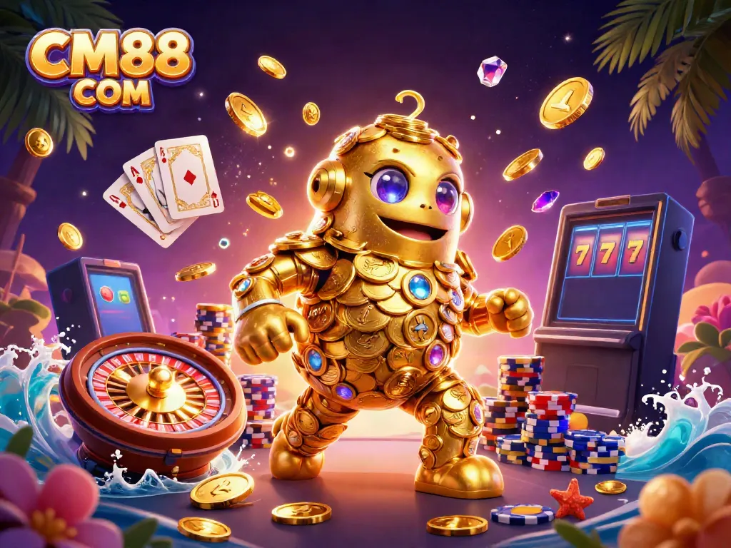 Experience thrilling gameplay at CM88 COM with a golden golem and casino elements in a vibrant scene.