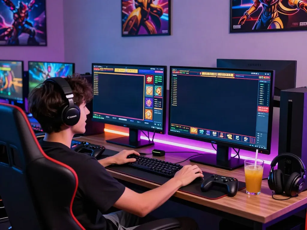 Player engaging with slot games on dual monitors in a colorful gaming setup, highlighting the excitement of bro138 online gaming.