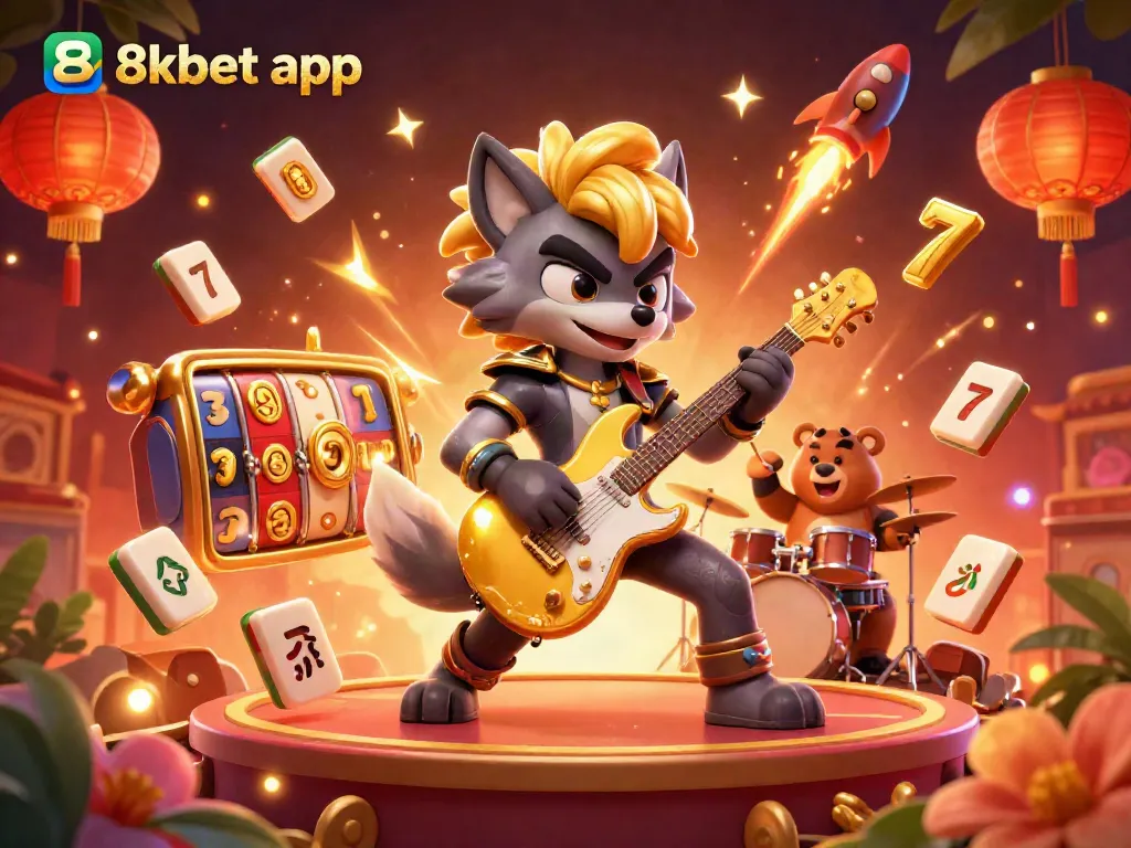 Experience the excitement of the 8xbet app with a vibrant casino scene featuring a rock star wolf and a drummer bear amidst spinning slots.