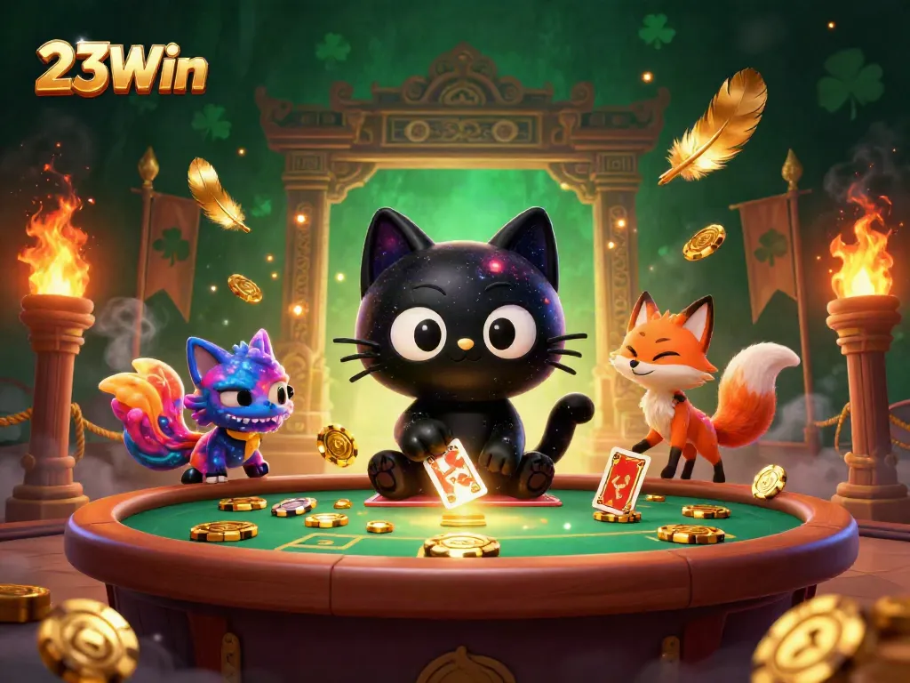 Engage with 23Win in a mesmerizing cosmic casino filled with golden chips and card magic.