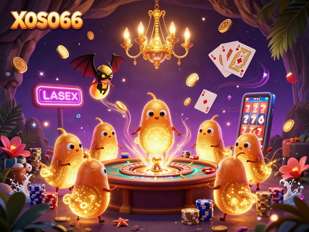 XOSO66 illuminates a vibrant cave casino with glowworms and a bat dealer in action.