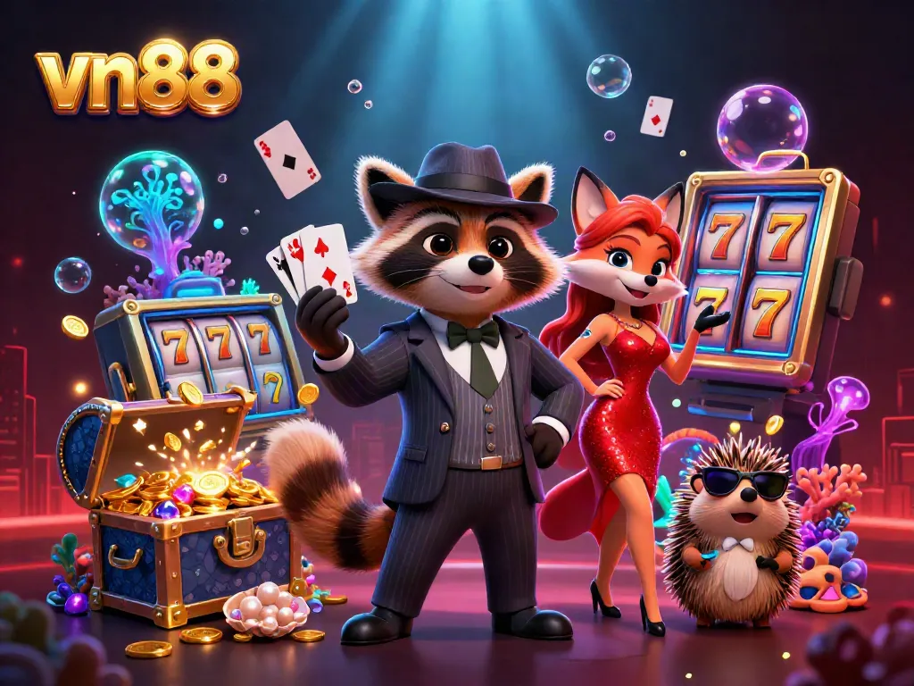 Experience thrilling slots and jackpots with vn88 in a luxurious casino scene featuring lively characters.