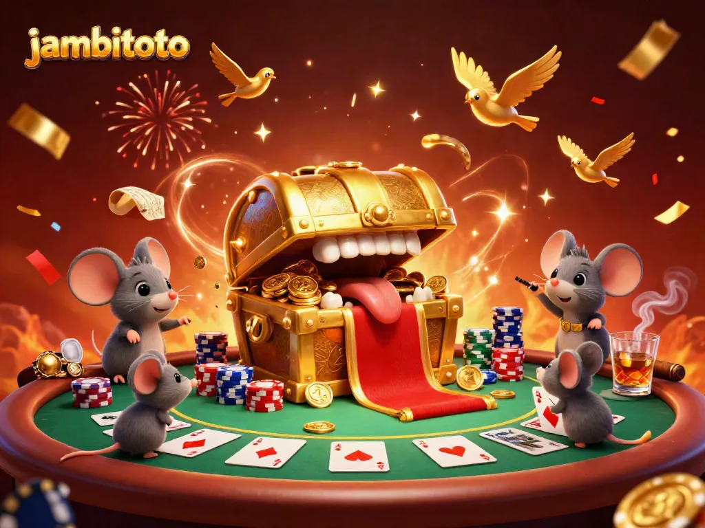 Experience the thrill of gambling with jambitoto, featuring a treasure chest and poker elements in a vibrant scene.